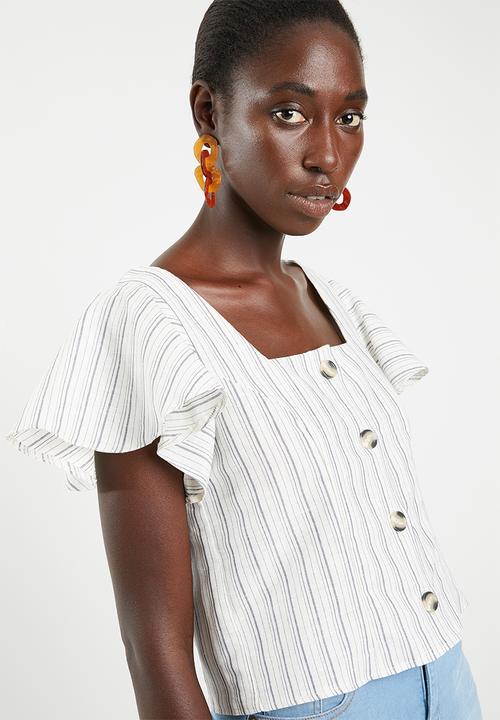 Superbalist - Button front blouse with frill sleeve - white & blue