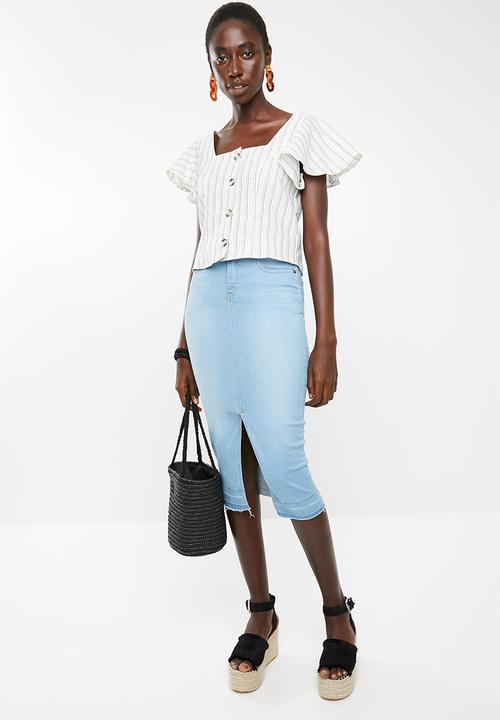 Superbalist - Button front blouse with frill sleeve - white & blue