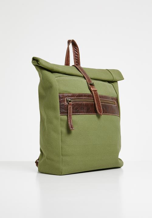 Superbalist - Utility canvas and leather backpack - khaki green