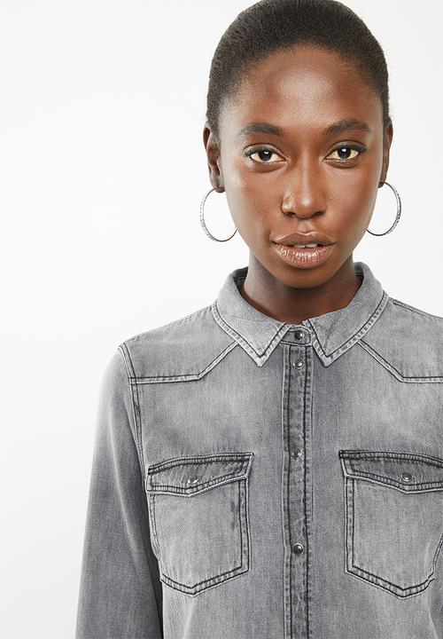 Vero Moda - Maria long sleeve  denim slim shirt - grey 