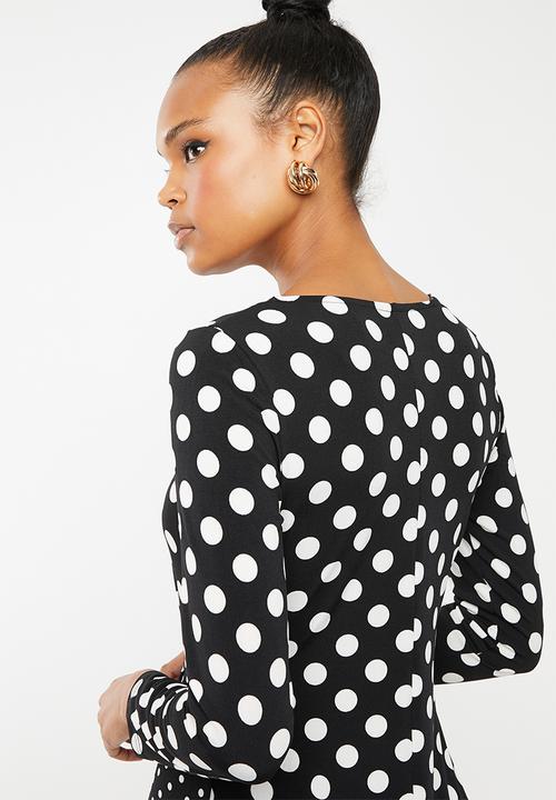 Revenge - Long sleeve all over polka dot dress - black