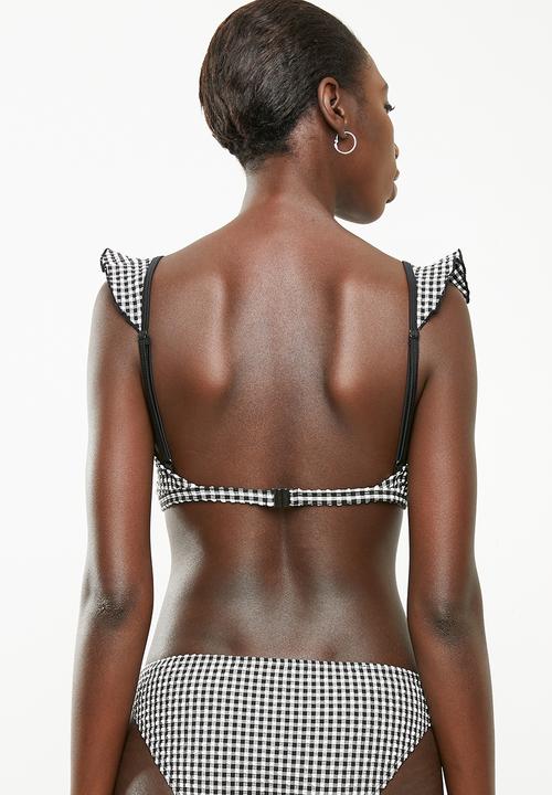 Brave Soul - Frill gingham bikini top - black & white