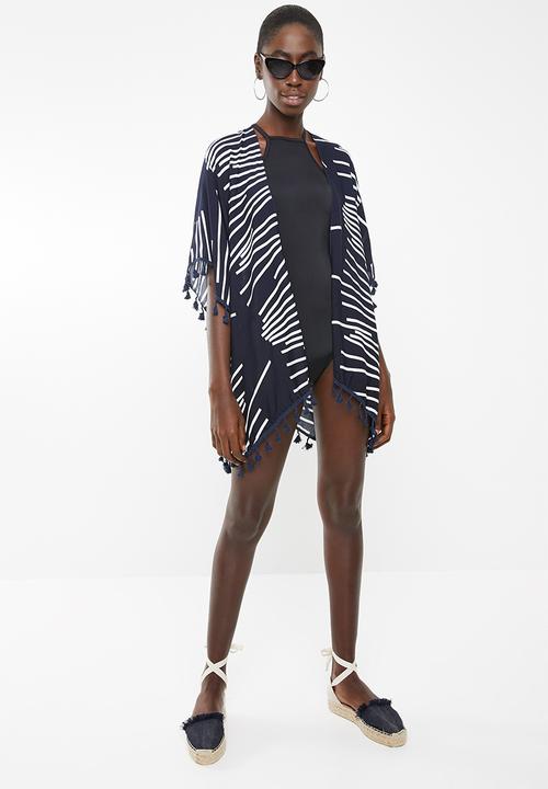 Lithe - Open front kaftan with tassel trim - navy