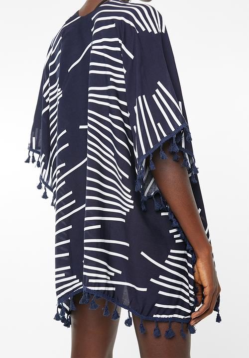 Lithe - Open front kaftan with tassel trim - navy