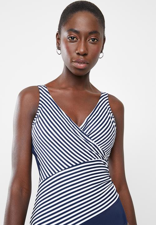 Jacqueline - Nautical wrap one piece - navy & white
