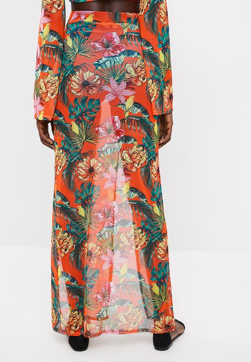 Missguided - Mesh floral split maxi skirt - orange