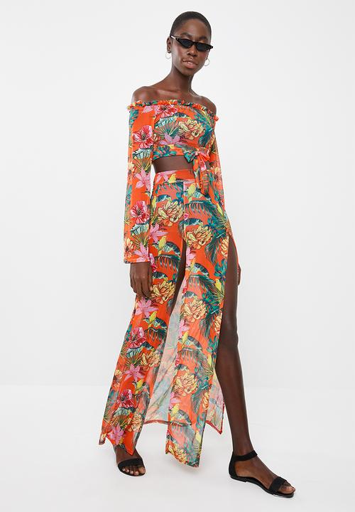 Missguided - Mesh floral split maxi skirt - orange