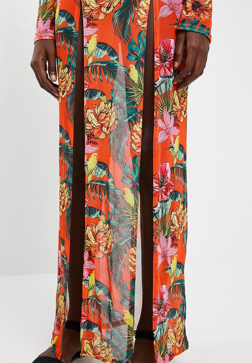 Missguided - Mesh floral split maxi skirt - orange