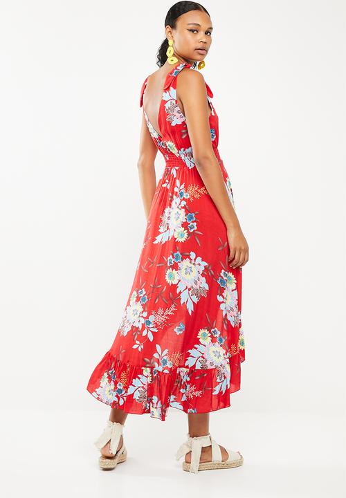 Revenge - Tie strap v neck frilled dress - red