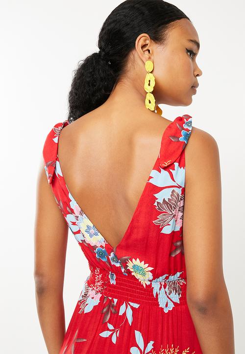 Revenge - Tie strap v neck frilled dress - red