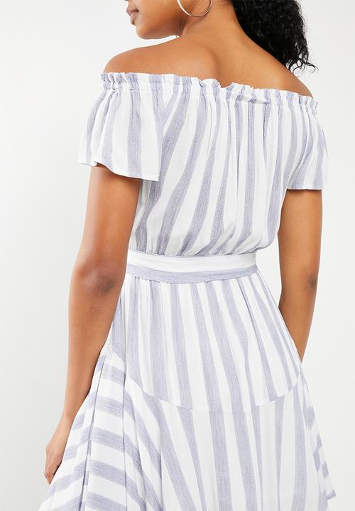 Revenge - Cap sleeve stripe dress with self belt - blue