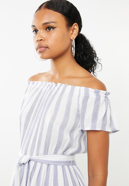 Revenge - Cap sleeve stripe dress with self belt - blue