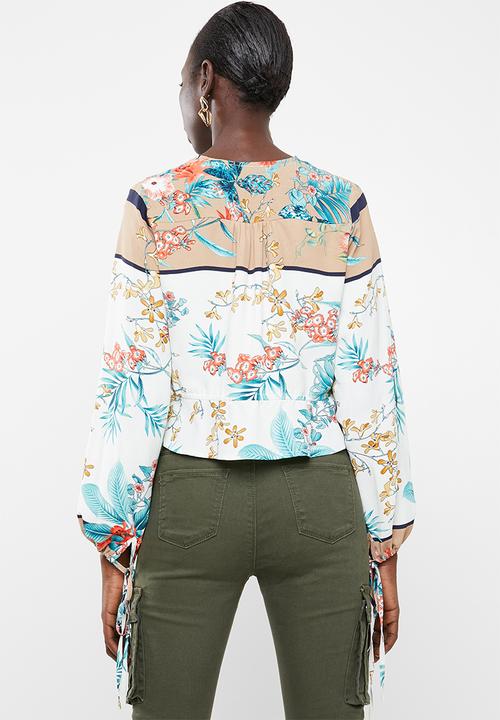 Missguided - Oriental print tie front blouse - white