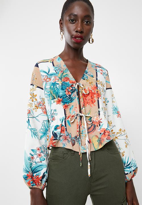 Missguided - Oriental print tie front blouse - white