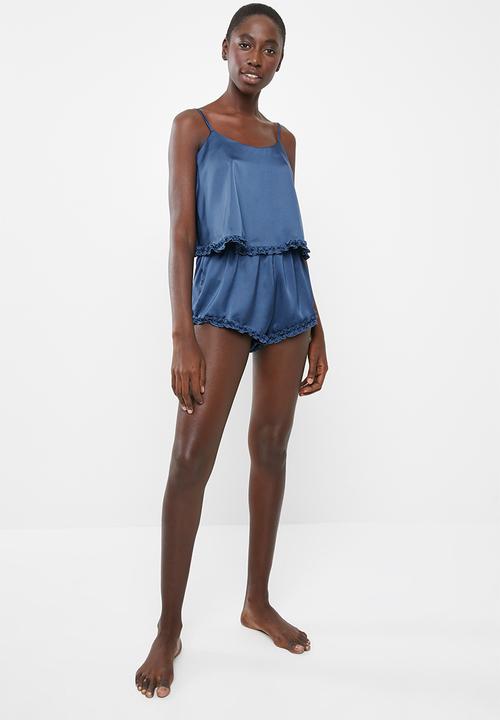 Missguided - Ruffle satin cami pyjama short set - navy