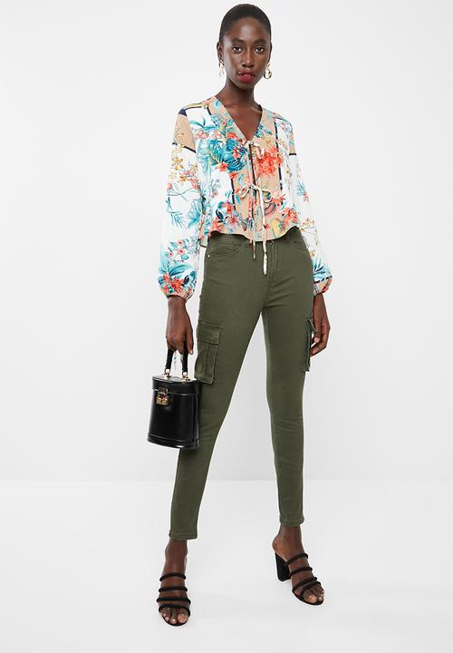 Missguided - Oriental print tie front blouse - white