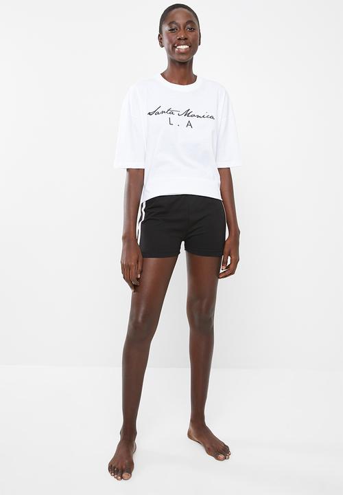 Missguided - Santa monica oversized tee pj set - black & white