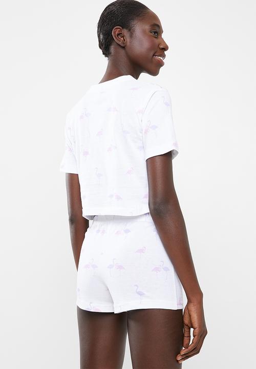 Missguided - Flamingo tie front tee and short pj set - white