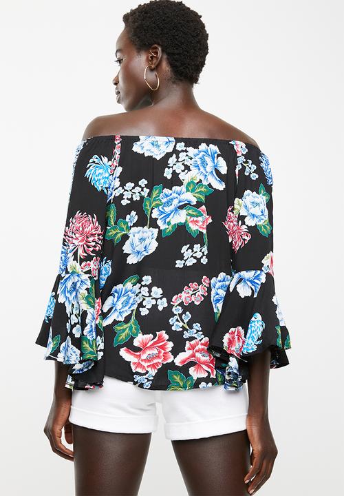 Revenge - Dark floral off shoulder top - black
