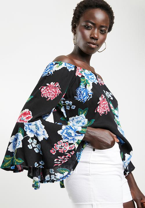 Revenge - Dark floral off shoulder top - black