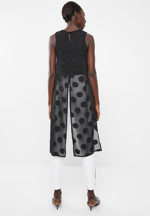 Revenge - Polka dot sleeveless tunic with cross over hem - black