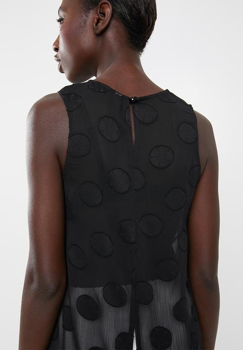 Revenge - Polka dot sleeveless tunic with cross over hem - black