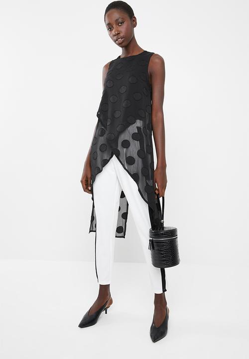 Revenge - Polka dot sleeveless tunic with cross over hem - black