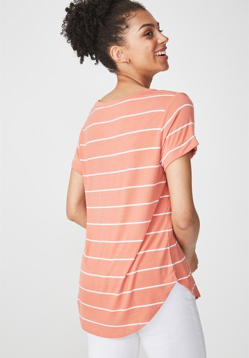 Cotton On - Karly short sleeve v-neck top - peach & white