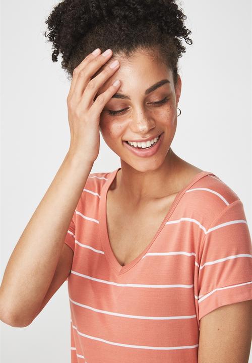Cotton On - Karly short sleeve v-neck top - peach & white