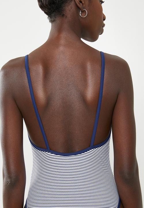 Lithe - Strappy one piece with contrast binding - navy & white