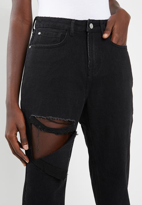 Missguided - Riot hang down rip high waisted mom jean - black