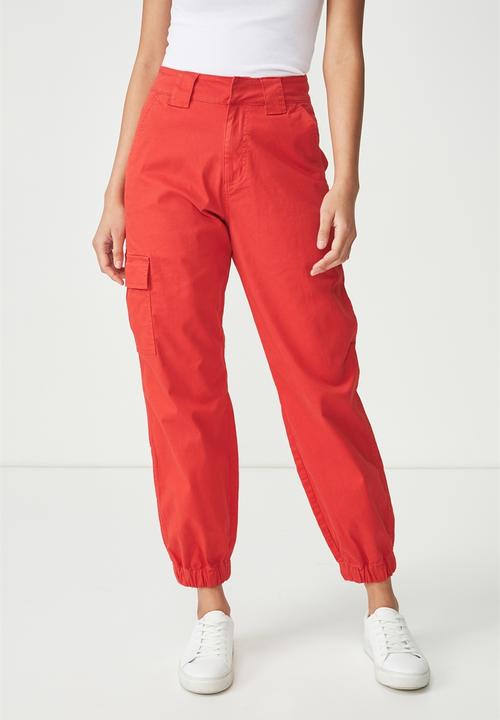 red utility pants