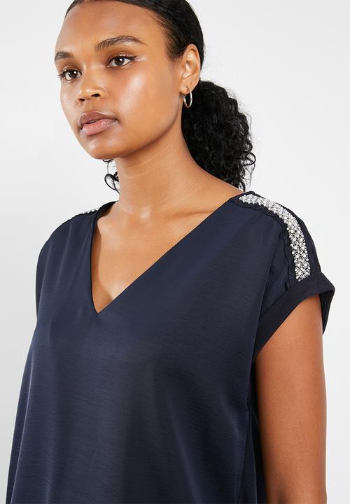 Vero Moda - Dean mix short sleeve wide top - navy