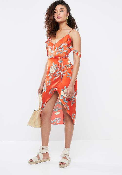 frill wrap midi dress