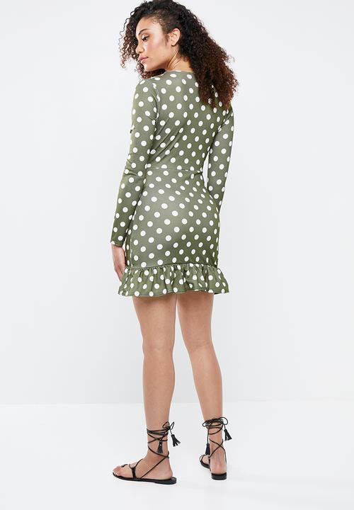 Missguided - Tie front polka dot ruffle hem dress - khaki green