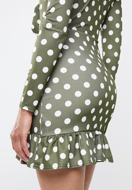 Missguided - Tie front polka dot ruffle hem dress - khaki green