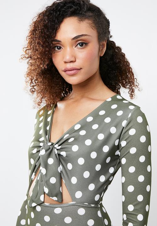 Missguided - Tie front polka dot ruffle hem dress - khaki green