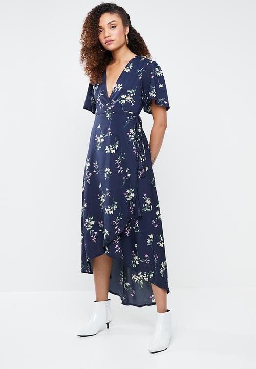 Missguided - High low wrap front midi tea dress - blue