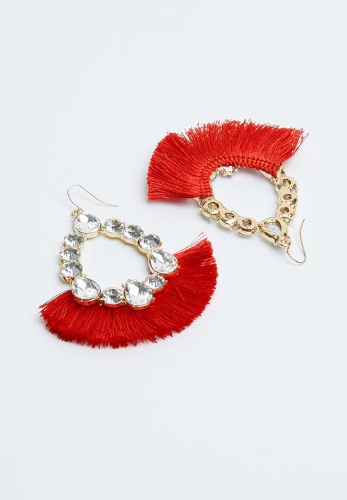 Joy Collectables - Diamante fringe earrings - red & gold
