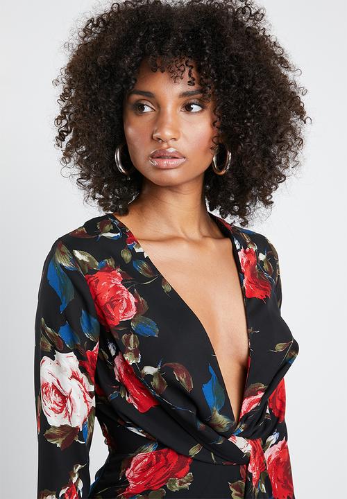 Missguided - Floral long sleeve twist wrap maxi dress- multi