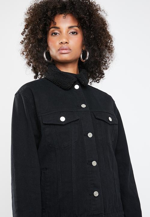 Missguided - Oversized teddy faux fur denim jacket - black