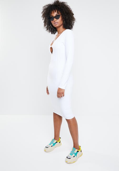 Missguided - Long sleeve buckle midi dress - white