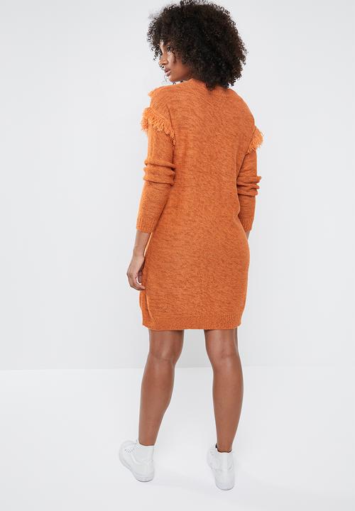 Vero Moda - Fringi long sleeve boatneck dress - rust