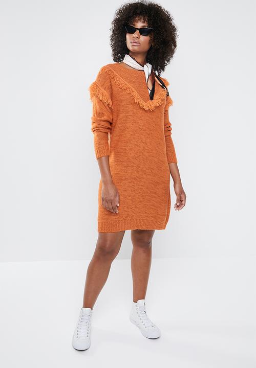 Vero Moda - Fringi long sleeve boatneck dress - rust