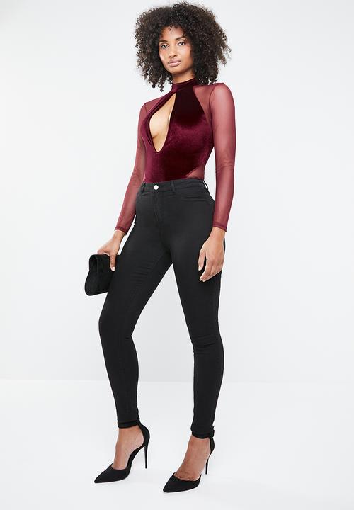 Missguided - Velvet bodysuit lace sleeves - burgundy