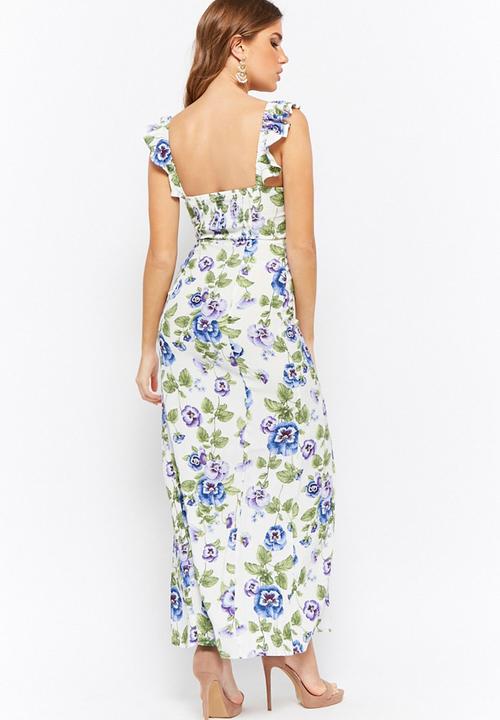 Forever21 - Floral maxi with side slit - white & blue