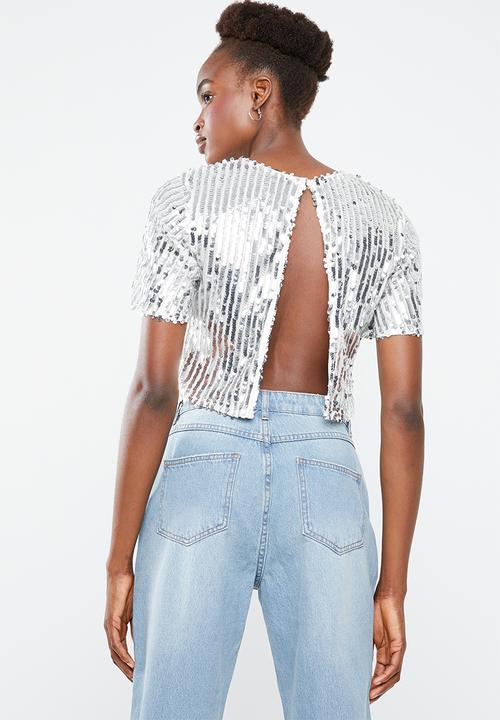 Missguided - Sequin crop top co-ord - silver