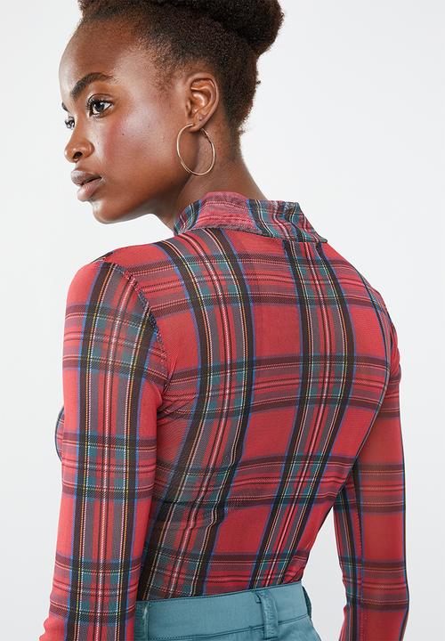 Missguided - High neck tartan mesh bodysuit - multi