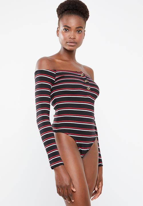 Missguided - Stripe bardot horn button bodysuit - black