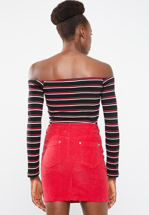 Missguided - Stripe bardot horn button bodysuit - black